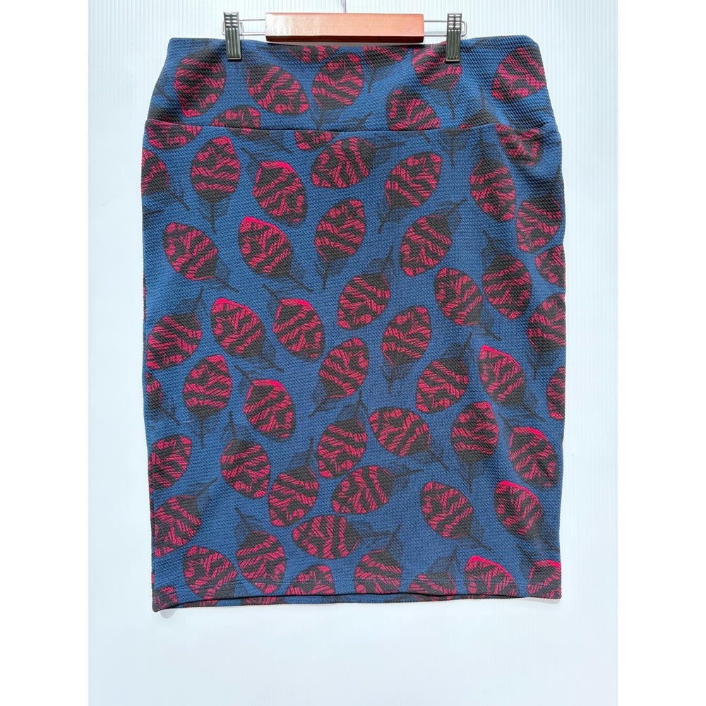LuLaRoe Cassie Pencil Skirt Womens XL Blue Pink Feather Leaf Stretch Knit Work